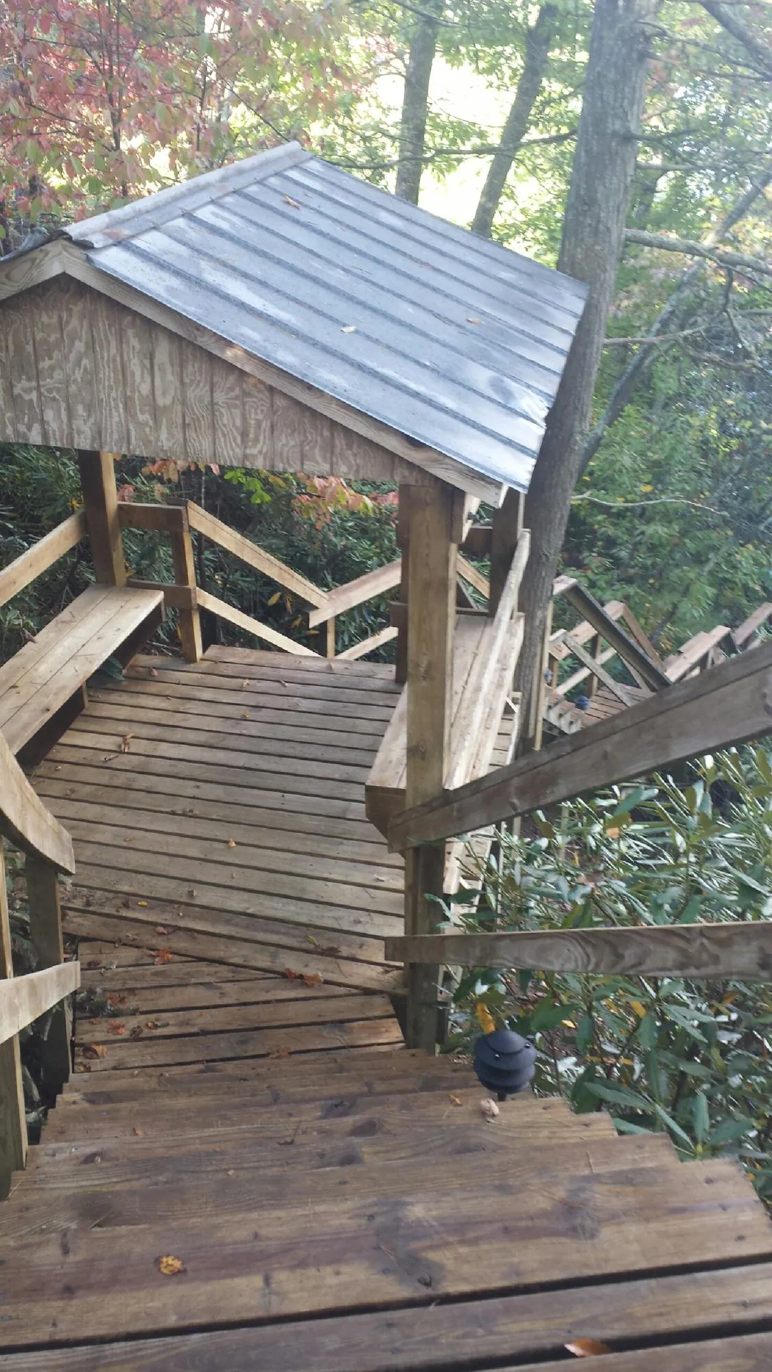 Metal roofed shelter over wooden steps on a wooded walkway — Skylight Repair & Installation work by our crew in Pelion
